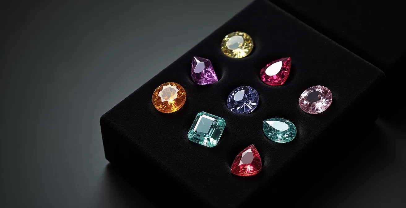 Collection de pierres rares et exceptionnelles sur plateau de présentation